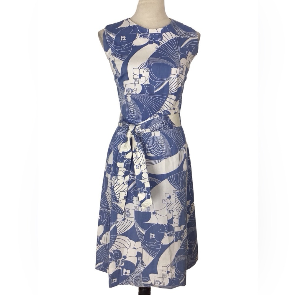 Vintage Tal Saunders Sleeveless Tropical Belted Midi Sheath Dre…